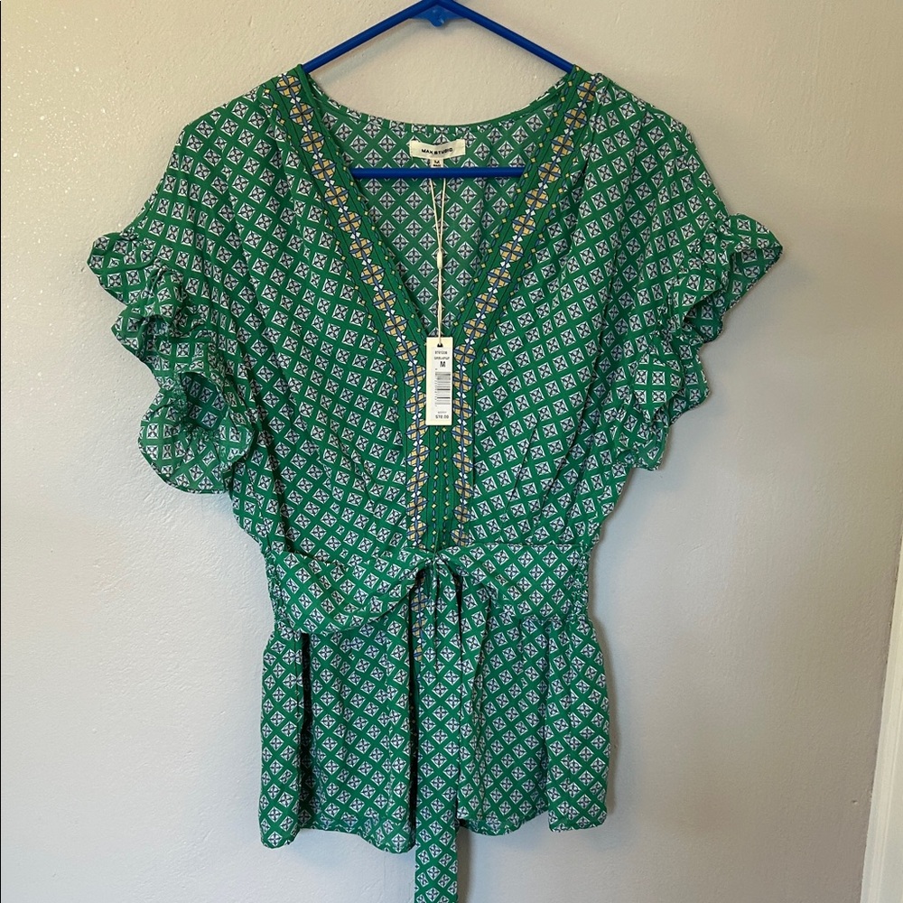 Max Studio Teal Patterned Blouse with Ruffle Sleeves
